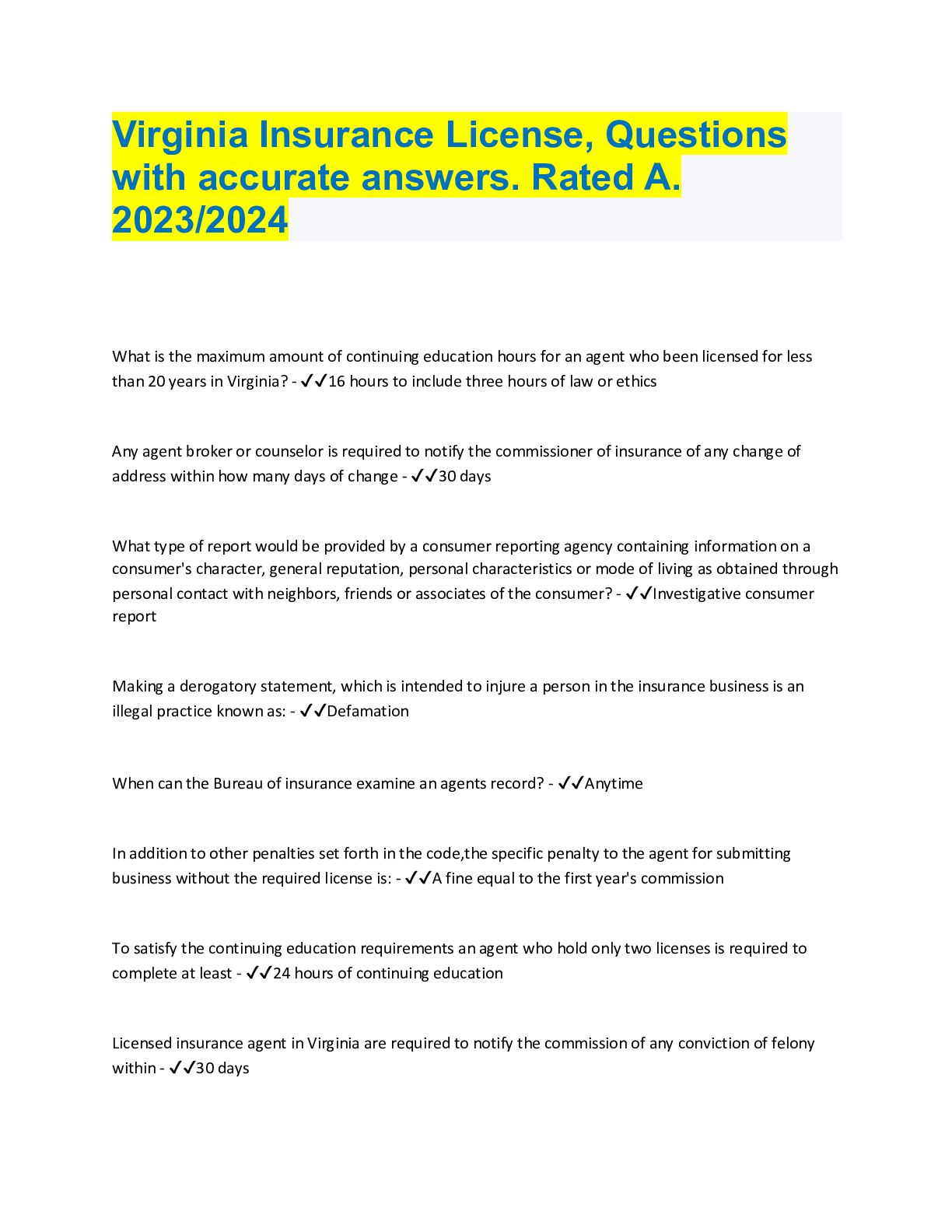 Preview image for Virginia Insurance License, Questions with accurate answers. Rated A. 2023/2024